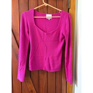 Pink Rose Fuchsia Pink Ribbed Knit Sweetheart Neck Long Sleeve Sweater Medium